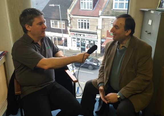 Pete interviewing meteorologist Jim Bacon