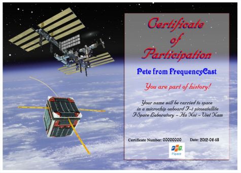 FrequencyCast's F-1 Cubesat Certificate